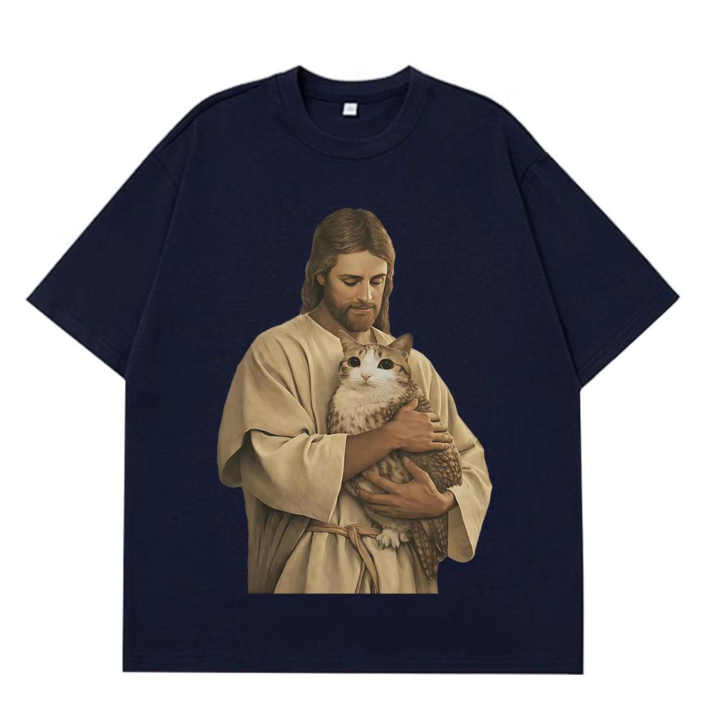Funny Jesus Holding Meowl Funny Cat Meme Tees Unisex Women Vintage TShirt Shortsleeved Loose Cotton Harajuku Tshirts Streetwear