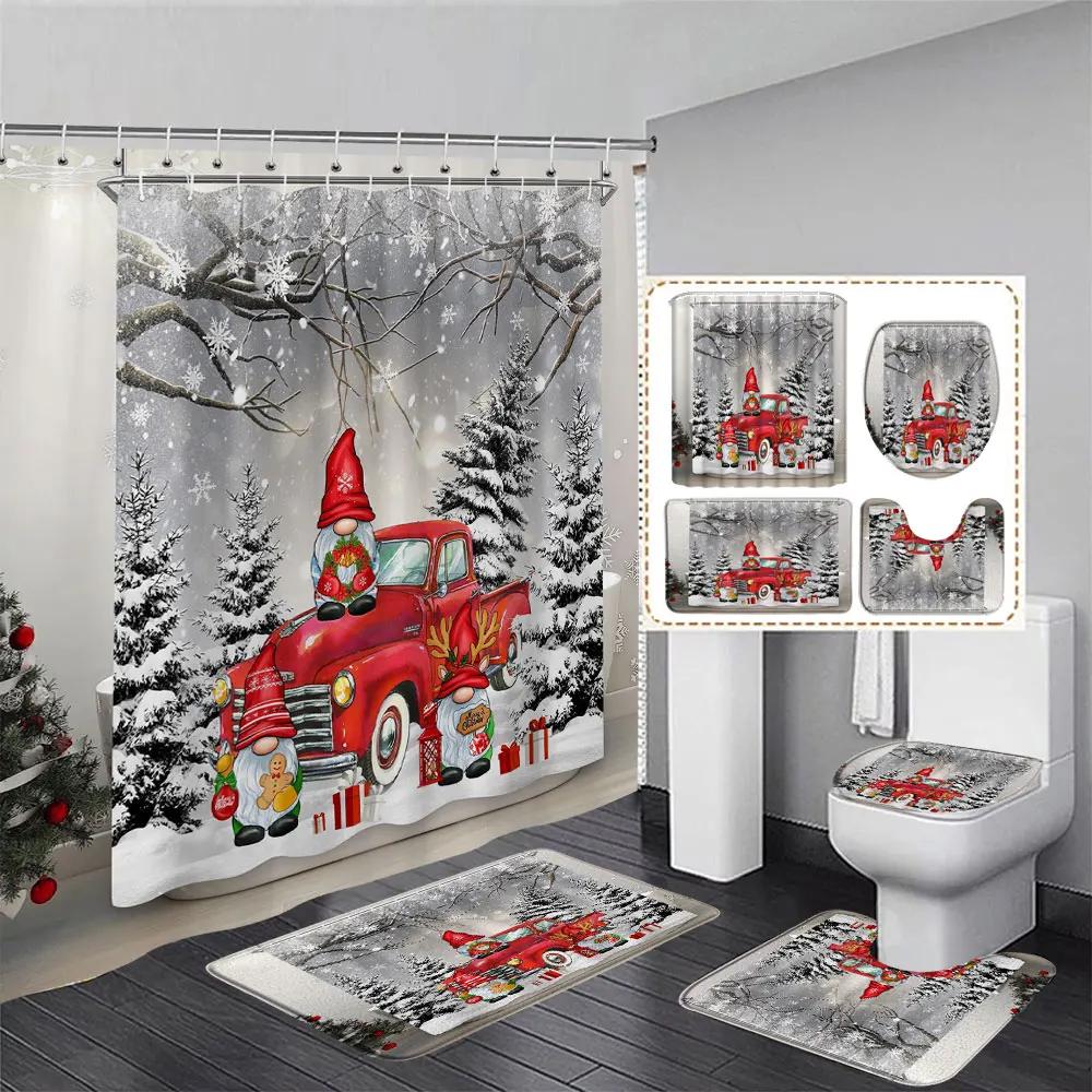Niedlicher Schneemann-Weihnachts-Duschvorhang-Set, silberne Tannenzweige, Schneeflocken-Weihnachtskugeln, Badezimmer-Dekor, Teppich, Badematte, Toilettendeckelbezug
