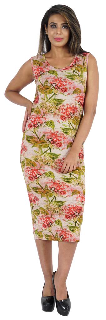 Bimba Printed Bodycon Midi Dress For Women Casual Sleeveless Viscose Jersey