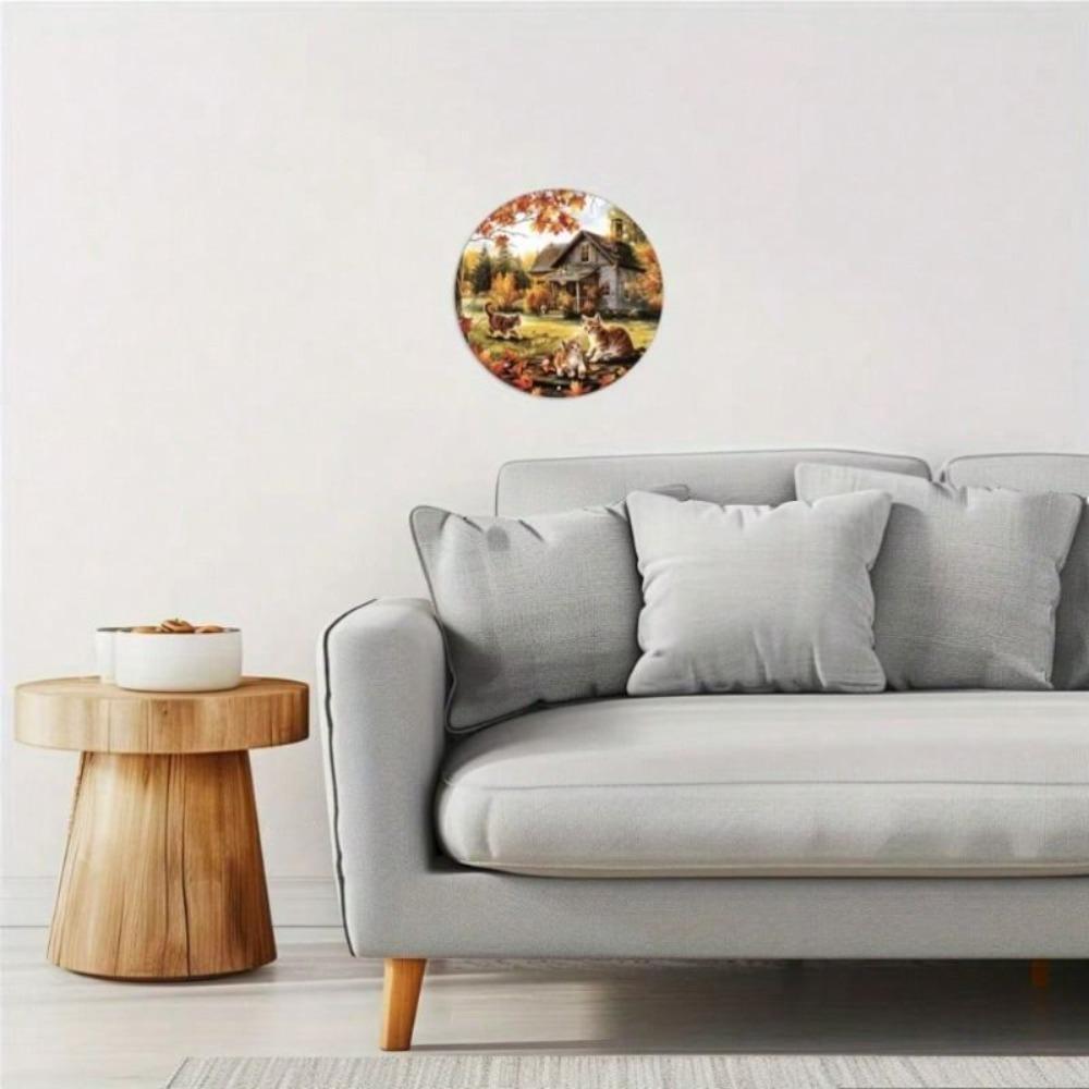 Fall Cat With Leaf Metal Poster Round 20x20cm Wall Art For Living Room