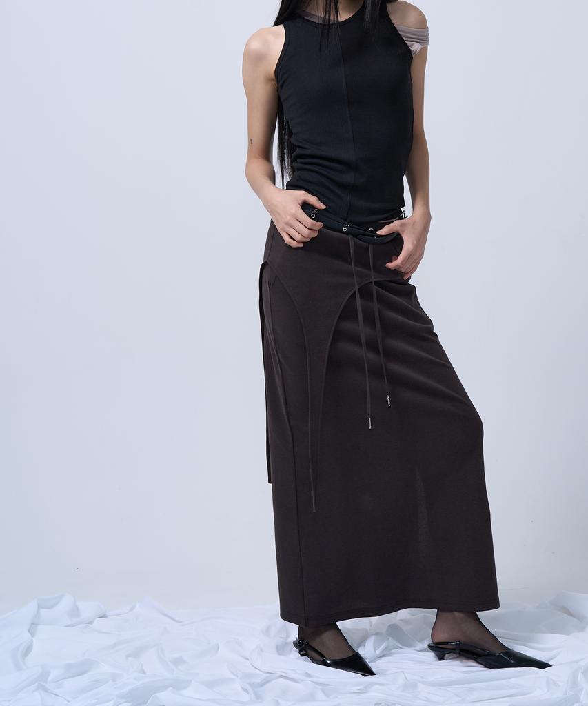 G Museum Cut-Out Maxi Long Skirt (Deep Brown)