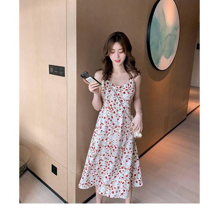Floral Sleeveless Spaghetti Strap Dress for Women, Spring/summer New First Love French Vintage Design Mermaid Long Skirt