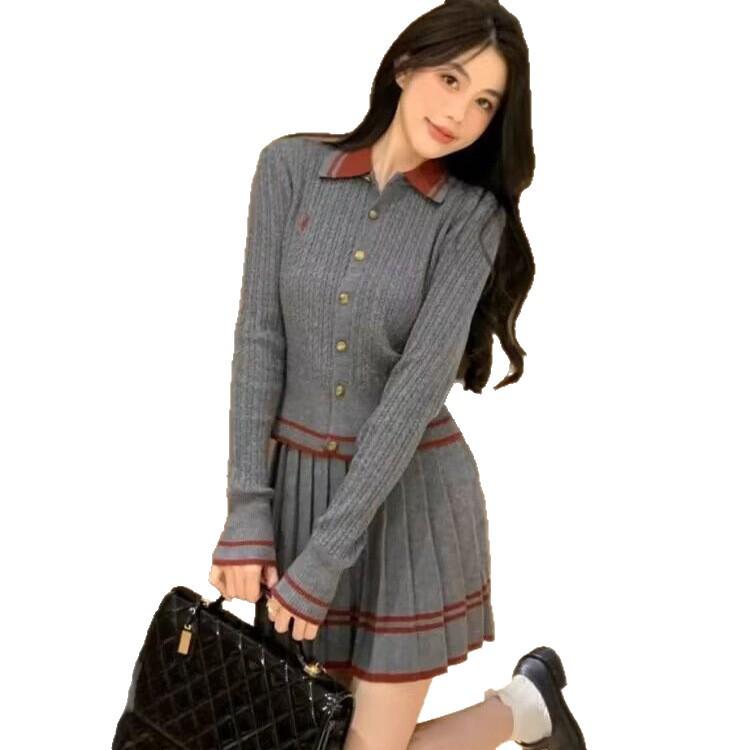 Preppy Two-Piece Knit Cardigan & Pleated Skirt Set with Polo Collar