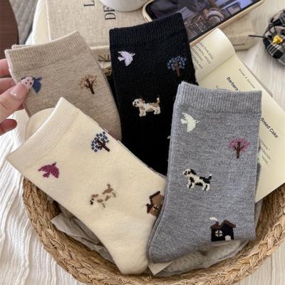 Thickened Warm Cartoon Animal Wool Socks Girls Cute Puppy Medium Socks Grey Pile Socks