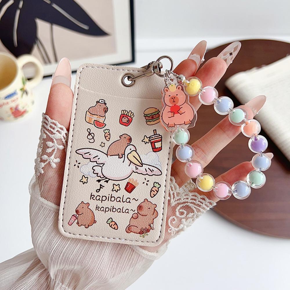 Cute Capybara Card Holder Leather Bag Pendant Student Meal Card Double Card Slot Bus Card Protective Cover Gift