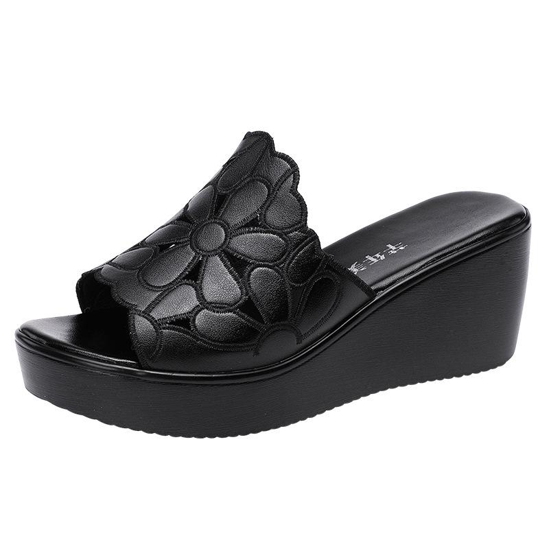 Platform Black Summer Women's Sandals PU Leather Wedges High Heel Hollow Peep Toe Female Ladies Shoes Beach Slippers Rome Style