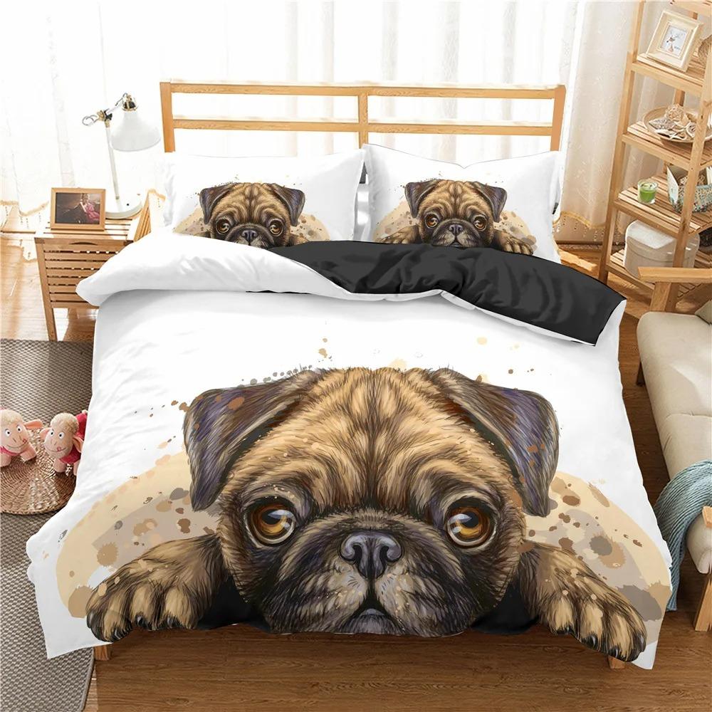 Cute Cartoon Pug Dog Duvet Cover Set Kids Comforter Queen King Twin Single Size Polyester Bedding