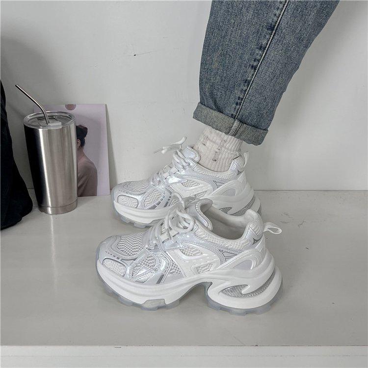 Leather Heightening Paris Old Magazine~ Silver and White Casual Fashion Heightening Platform Sports Casual Shoes Female Dad Shoes