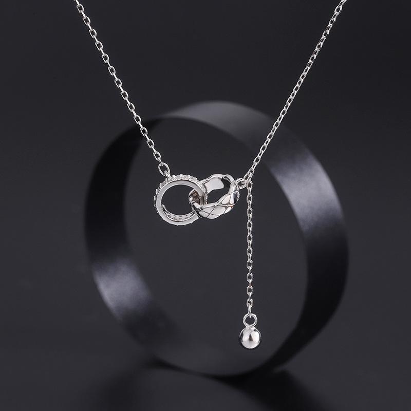 S925 Sterling Silver Tassel Double Ring Necklace - Minimalist Design with Round Bead Pendant for Women 925 Silver белого золота