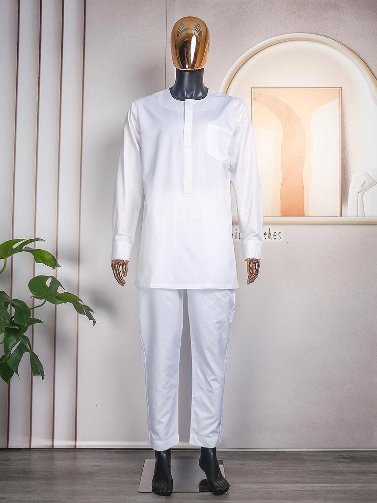 African Men's Traditional Three-Piece Set: Embroidered Robe, Pants, and Matte Cloth