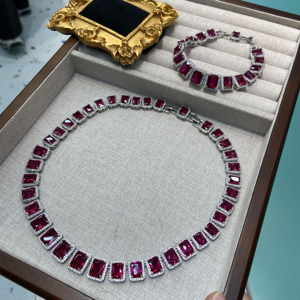 Square Ruby Necklace Bracelet Set Femininity Premium Versatile Necklace Bracelet