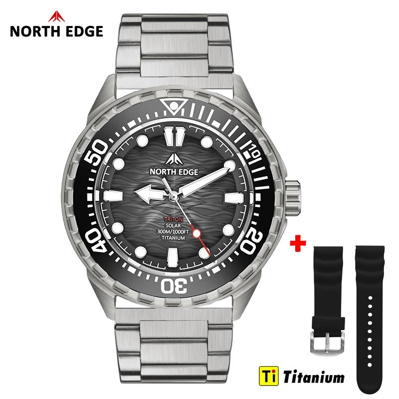 NORTH EDGE TRITON-TI Tytanowa Stal Nierdzewna Zasilany Słońcem Zegarek Nurkowy Luksusowe Zegarki Kwarcowe Dla Mężczyzn Wodoodporność 300M 180 Dni Zasilania