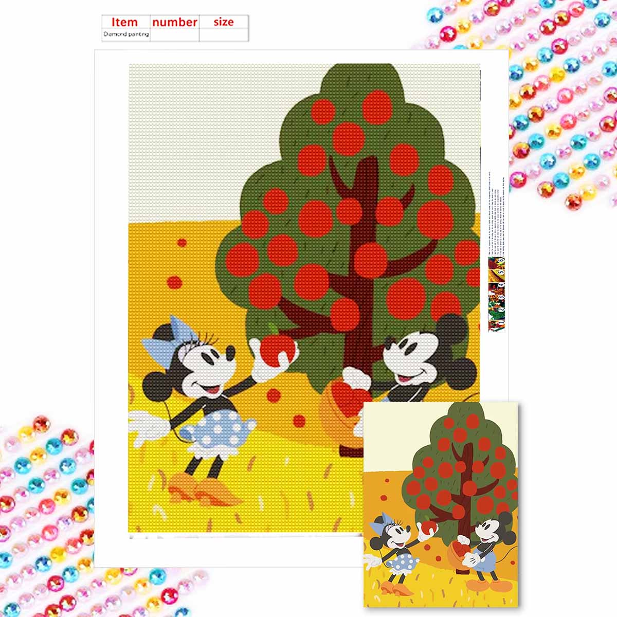

5D Diy Diamond Painting Minnie Mickey Is Picking Apples Full Drill Rhinestones Mosaic Embroidery Handmade Products Home Decor Gift Round 20x30cm