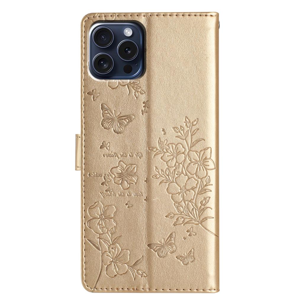 For iPhone 15 Pro Leather Case Butterfly Floral Imprint Wallet Phone Cover with Stand