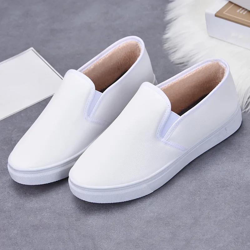 

WTEMPO женские однотонные осенне-зимние теплые плюшевые туфли большого размера повседневные туфли из искусственной кожи с мягкой подошвой нескользящие туфли на плоском каблуке 35 белый