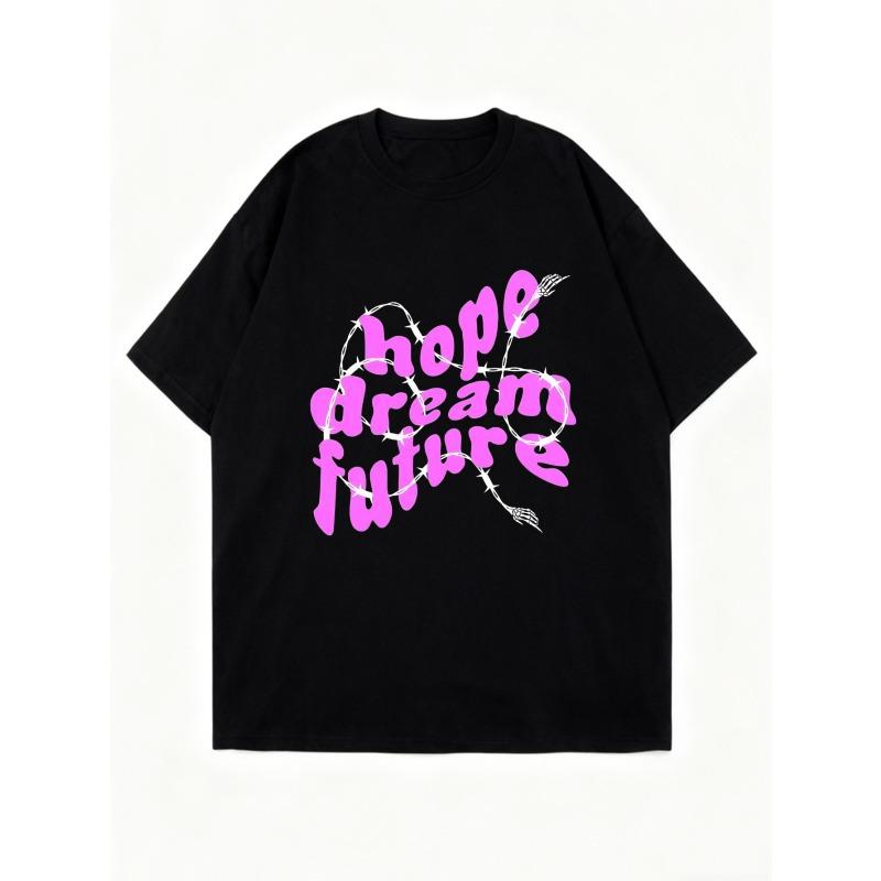 Black Oversized T-Shirt With Hope Dream Future Pink Text And Barbed Wire Design For Casual Wear And Street Style
