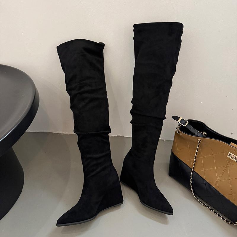 Wedges Women's High Boots High Heels Fad Pointed Toe Shoes  Luxury Pumps Long Boots New Elegant Dress Chelsea Mujer Botas