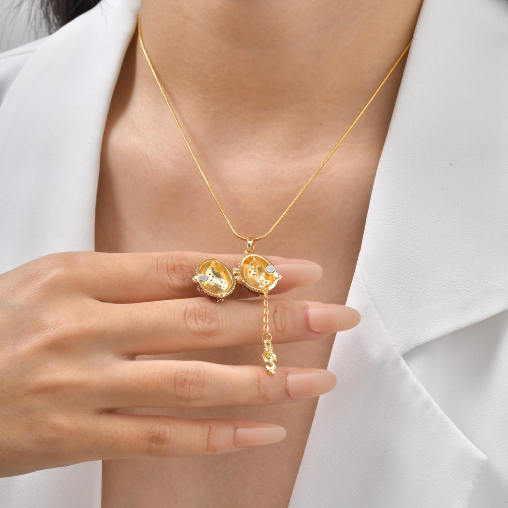 Copper Zircon Cross Egg Open Pendant Necklace Gold, Easter Ladies Jewelry Pnb-392