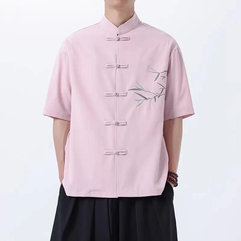 Men Hawaiian Shirt 2026 Men Short Sleeves Bamboo Embroidered Shirt Male Frog Button Tops Summer Beach Casual Chinese Shirts