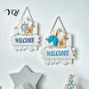 Blue And White Ocean Sign Mediterranean Style Wooden Welcome Sign, Starfish Shells Hanging Nautical Plaque, Decorative Wall Art for Home Porch