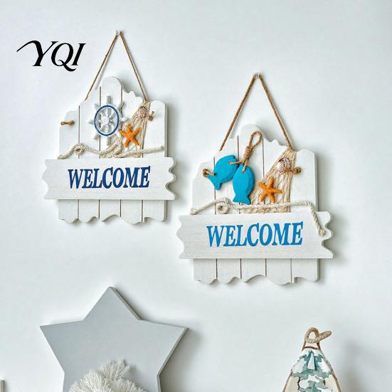 Blue And White Ocean Sign Mediterranean Style Wooden Welcome Sign, Starfish Shells Hanging Nautical Plaque, Decorative Wall Art for Home Porch