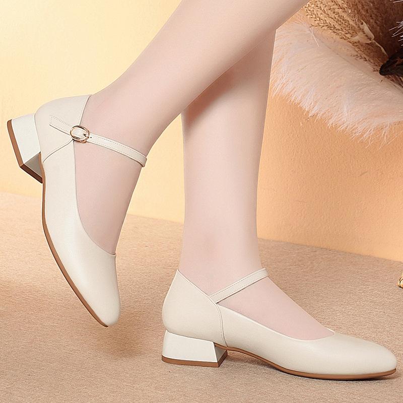 Soft Sole Single Shoes One-Button Thick Heel Round Toe Work Shoes Women's Black Work Shoes Women's Leather Shoes Comfortable
