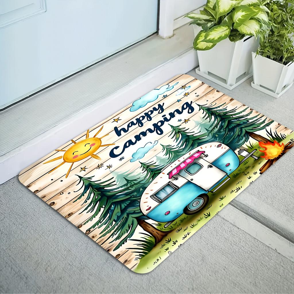 1pc 2D Flat Happy Camping RV Caravan Forest Sun Flannel Door Mat Non Slip Outdoor Theme Rug For Entryway Porch Floor