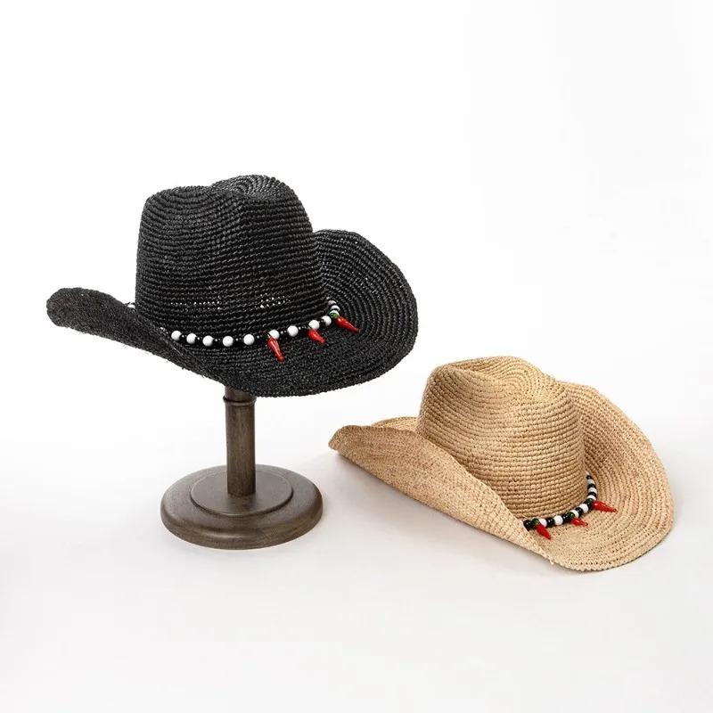 Garden Supplies My Women's Handmade Natural Raffia Straw Sun Hats With Beaded Chain Cowboy Hats Lady Boho Style Wide Brim Summer Panama Beach Hat 59Cm