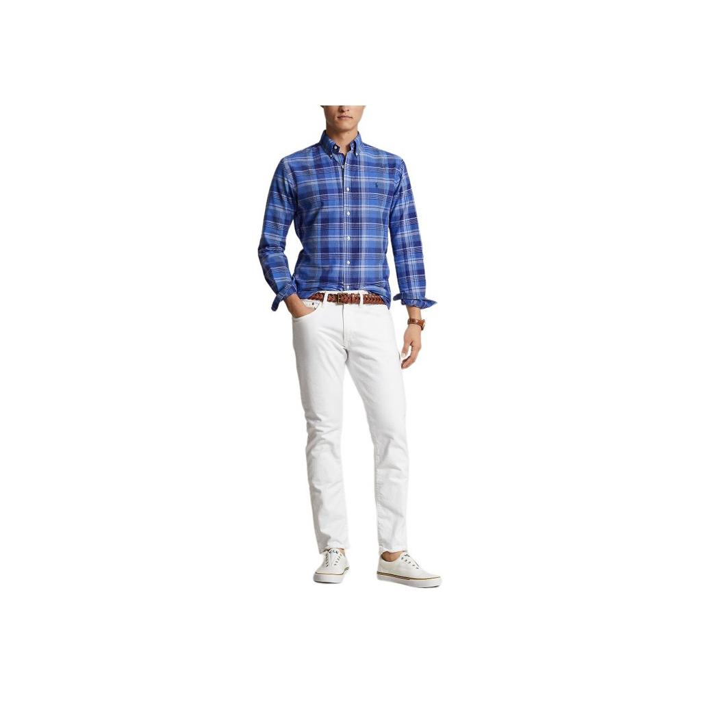 Polo Ralph Lauren Wzór w kratę Logo haftowane Jednorzędowa Koszula z długim rękawem Męskie koszule Niebieska MNPOWOV16823471-400