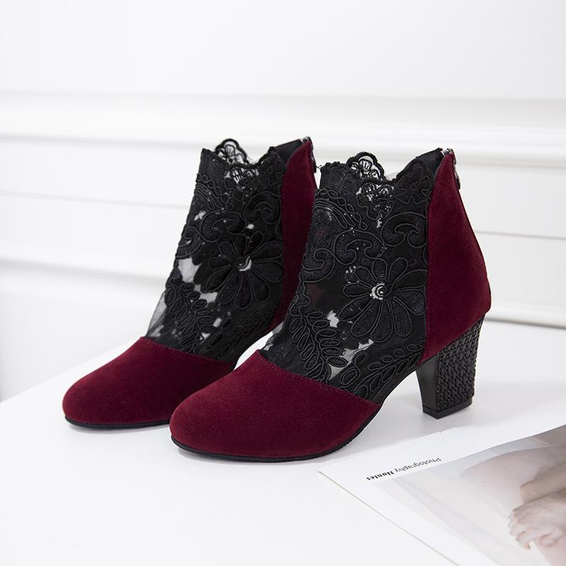 Lace Mesh High-heeled Cool Boots, Women's Plus Size Thick Heeled Sandals