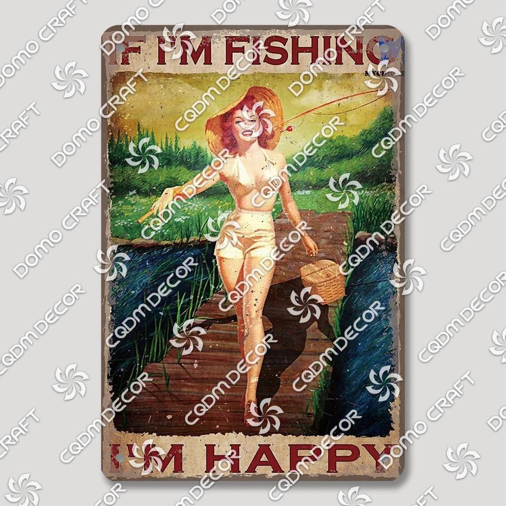 Vintage Znak Metalowy Blaszany Dziewczyny Wędkujące Retro Kobieta z Psami Dekoracja Ścienna dla Klubu Wędkarskiego Dom Wiejski