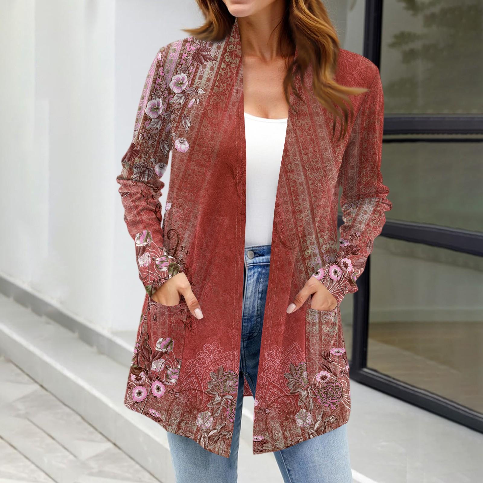 

Женские легкие кардиганы с открытой передней частью, с длинными рукавами, повседневные, свободные, тонкие кардиганы с карманами S винный