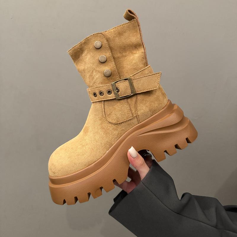 Thick-soled Versatile Two-wear Belt Buckle Medium Boots Retro Maillard Boots Women's Autumn and Winter Design Sense Martin Boots Short Boots