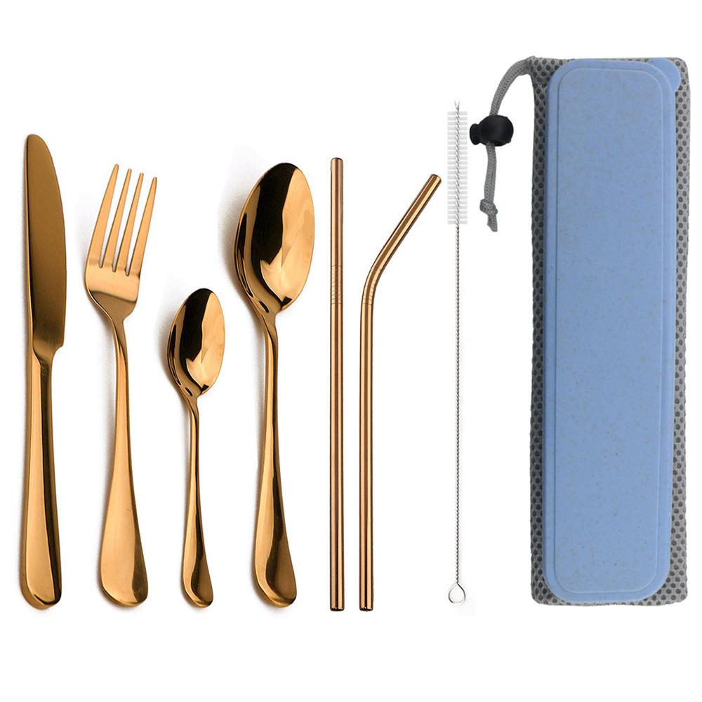 Portable Dinnerware Set Knife Fork Spoon Metal Straw Cutlery Set Tableware With Box Bag For Travel Hiking Picnic Dinner Set