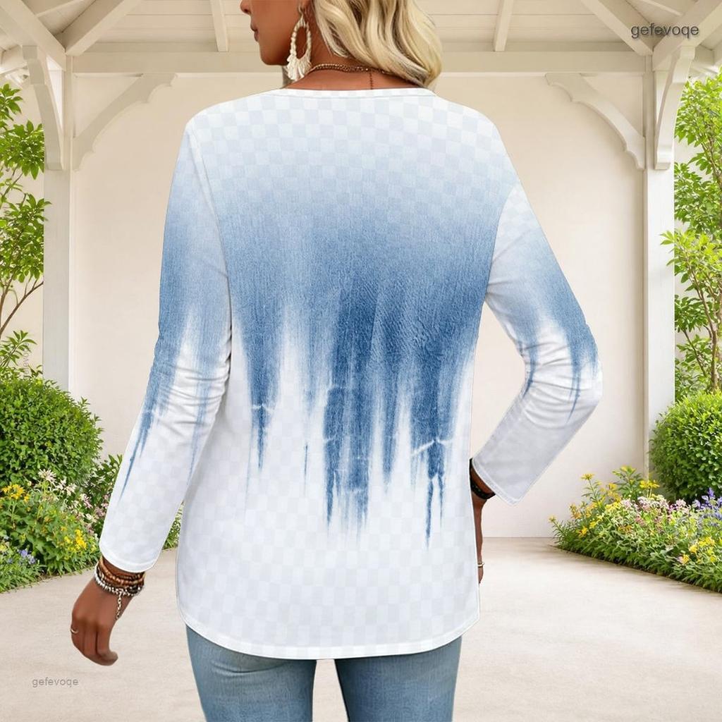 Women Plus Size Half Zip Round Neck Long Sleeve White Purple Tie Dye Printed T Shirt