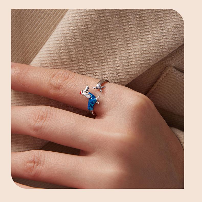 Everle S925 Sterling Silver Dachshund Adjustable Christmas Ring for Women
