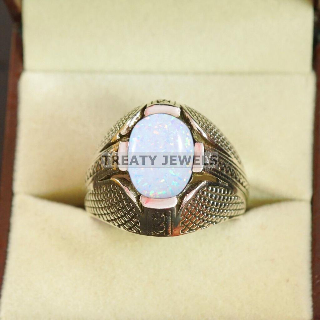 Opal Oval geschliffener Edelstein mit 925er Sterling Silber Ring für Herren #B347 JL375682017590