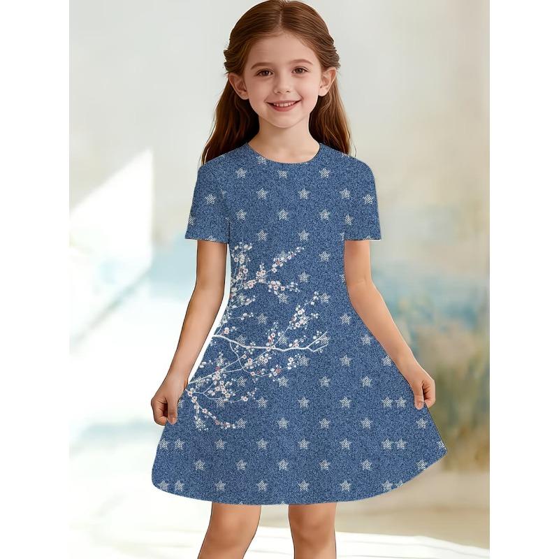 Dress for Girls Fashion Cowboy Print Fake Two-Piece Set Short Sleeve Summer Dresses Casual Round Neck A-Line Dress Girl Clothes