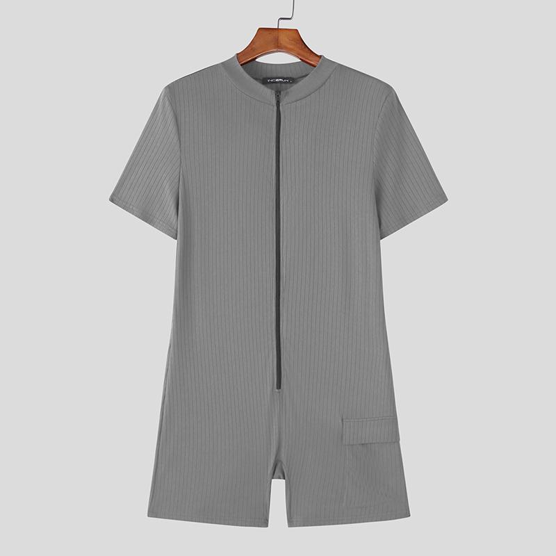 INCERUN Men Short Sleeve Zip-up Rib Jumpsuits Rompers Underwear
