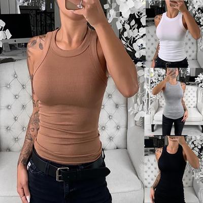 Women Solid Round Neck Ribbed Tank Top Camisole Women Summer Basic Elastic Tank Top O Neck Solid Tank Top Plus Size EMA