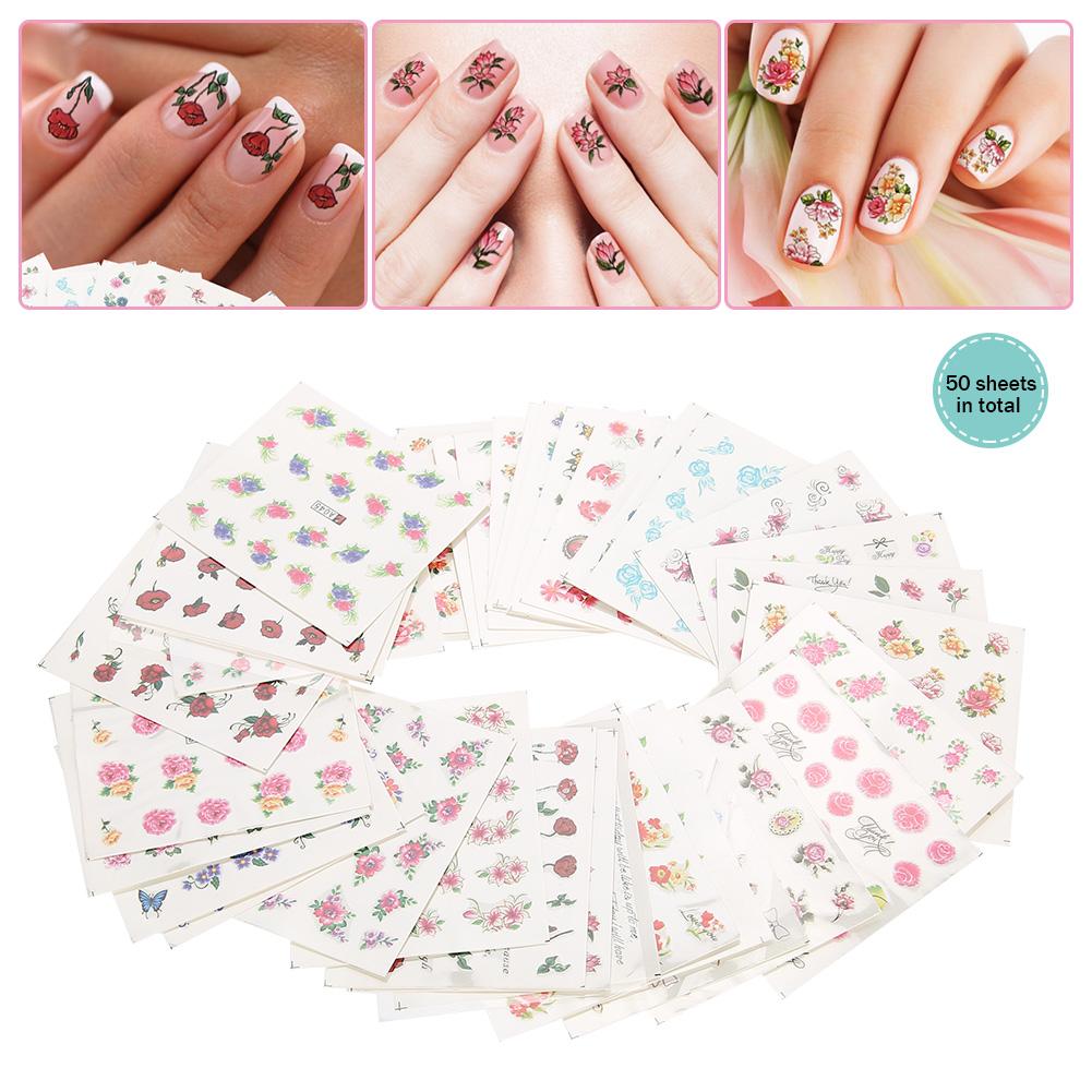 50 Sheets Mixed Flower Butterfly Cartoon Nail Art Water Transfer Sticker Nail DIY Decals (BLE)