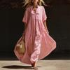 Damen Kurzarm A-Linien Swing Kleid, V-Ausschnitt Plissiert Fließendes Langes Kleid, Sommer Lässig Strandurlaub Sommerkleid