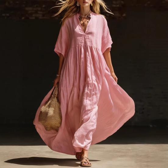 Damen Kurzarm A-Linien Swing Kleid, V-Ausschnitt Plissiert Fließendes Langes Kleid, Sommer Lässig Strandurlaub Sommerkleid