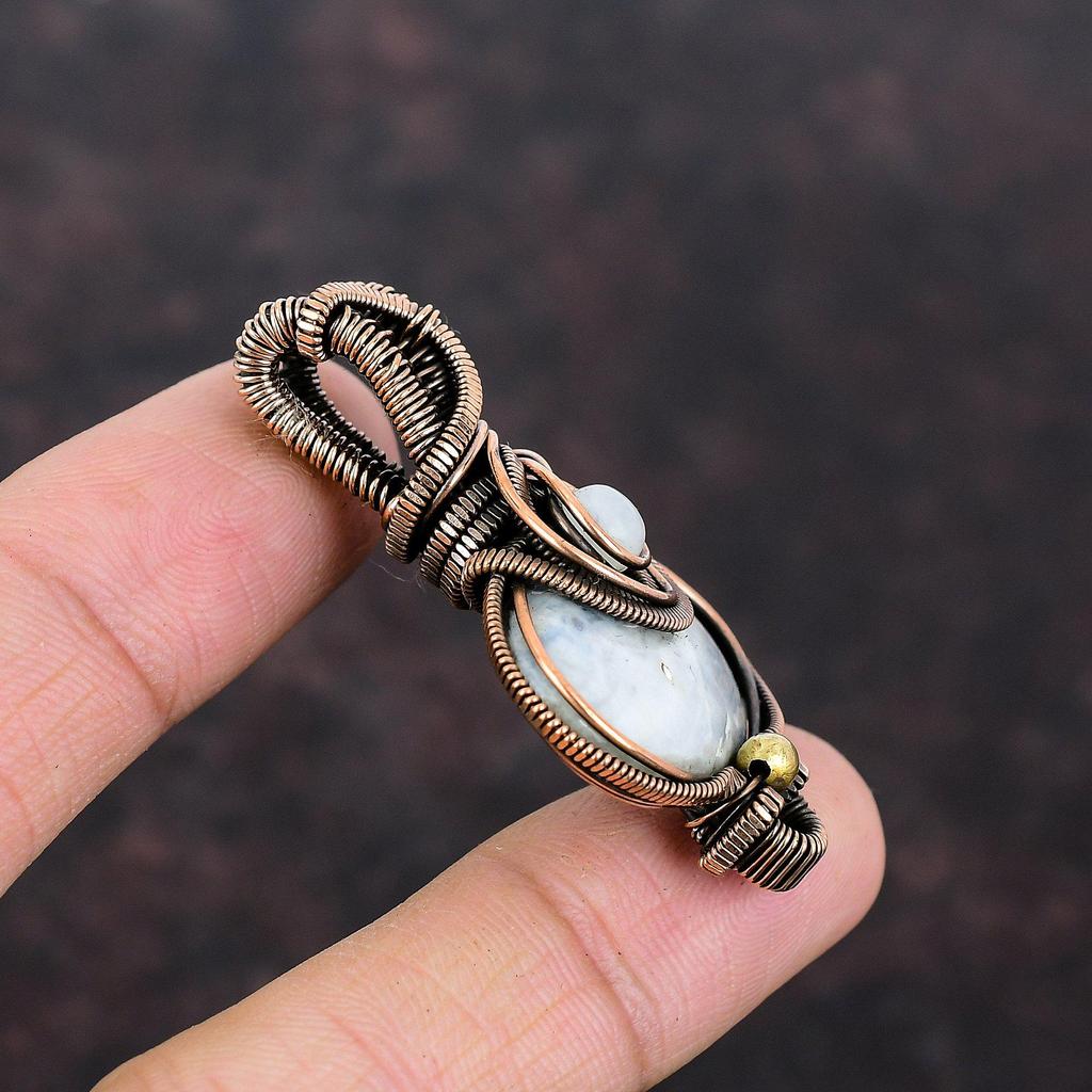 Blue Scheelite Pendant Copper Wire Wrapped Rainbow Moonstone Pendant Handmade Copper Jewelry Gift For Mom Gemstone Pendant Wire Wrap Jewelry