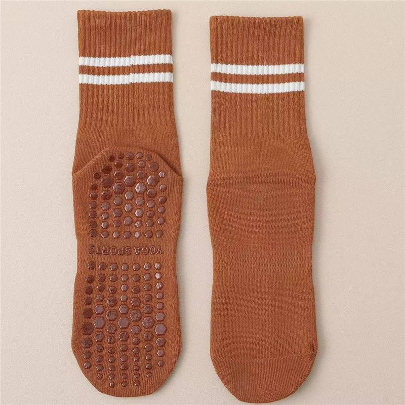 Chaussettes professionnelles antidérapantes à cinq doigts mi-mollet pour Pilates et Yoga avec deux rayures, Idéales pour le sport et les sols