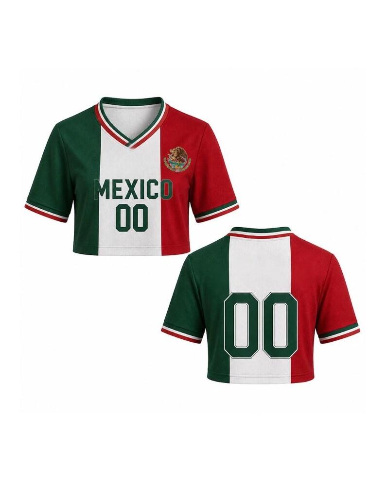 2026 Women Cheerleaders Crop Sexy Y2k Top Mexico FLAG Soccer V-Neck Short Sleeve Jersey T-Shirt Tees Hip Hop Kids Adult T-Shirt