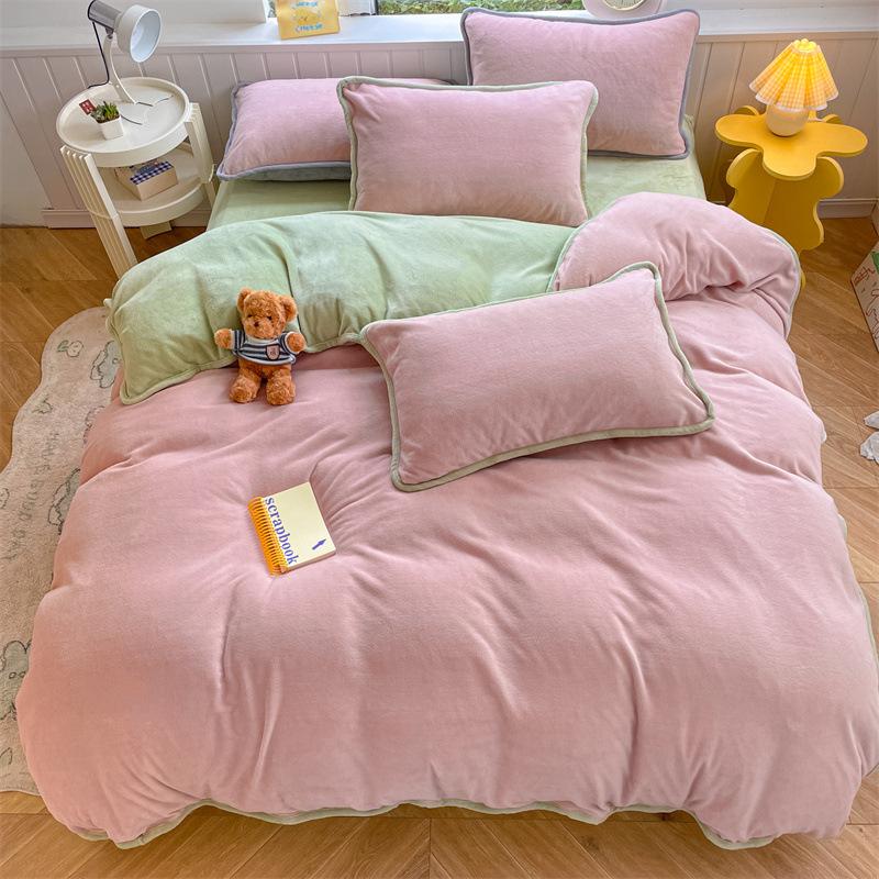 Crem dublu culoare solidă, catifea de lapte, cu tivită mare, cearșaf de pat din patru piese, husă de pilota set de trei piese lenjerie de pat husă de pilota