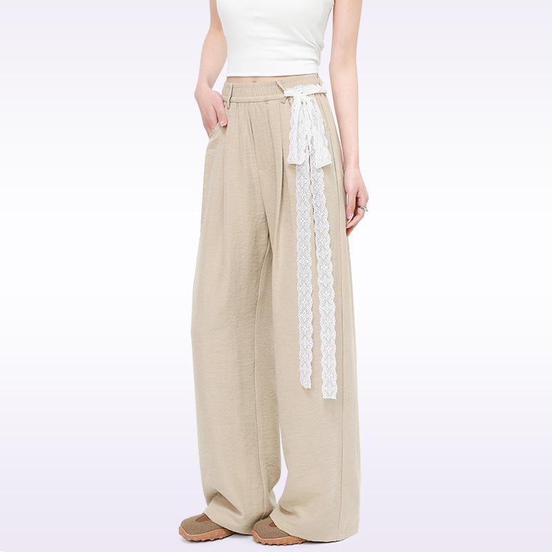 

Кружевные брюки-стримеры повседневные женские летние новые с высокой посадкой свободные маленькие брюки-швабры прямые широкие брюки XL хаки