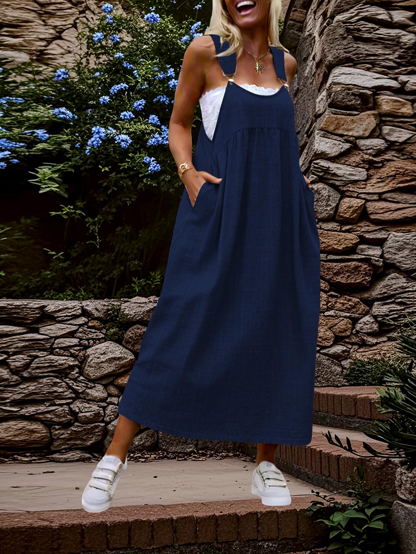 Plus Size Women s Strappy Long Denim-Style Dress - European and American Fashion L темно-синий