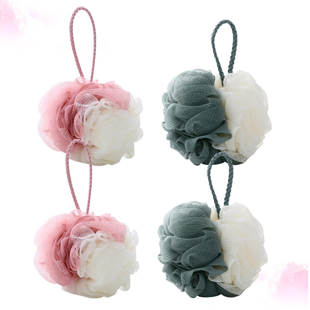 4Pcs Bath Ball Double Color Mesh Sponge Quick Pouf Large Mesh Pouf for Bath Bathroom Exfoliating Scrub with Hanging